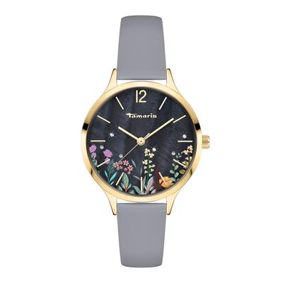 Quarzuhr TAMARIS "Romantic Flowers", grau (grau, blau), Armbanduhren, Damen, goldfarben, Quarzuhr, Armbanduhr, Damenuhr, Lederarmband, analog, Zirkonia (synth.)