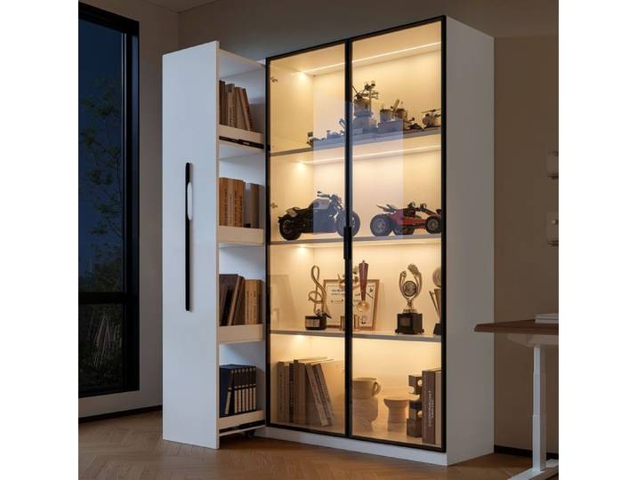 Armoire vitrine multifonction - 110 5×35×160 cm - Blanc - MDF - LED intégrées - Tiroir latéral - Roulettes - Verre ambré