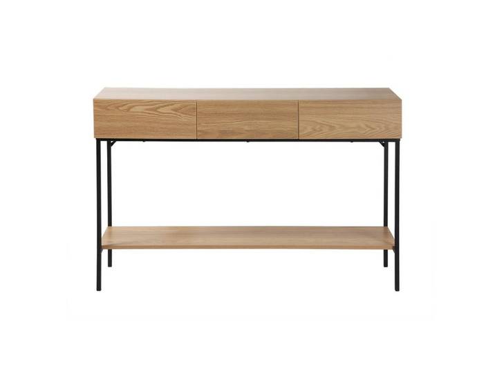 Calicosy Konsole mit 3 Schubladen und 1 unterer Ablage, Holzdekor und schwarzes Metall 35/120/80,5 cm, Apfelbaumfarben, Holzwerkstoff, 35x80.5x120 cm, Wohnzimmer, Wohnzimmertische, Konsolentische