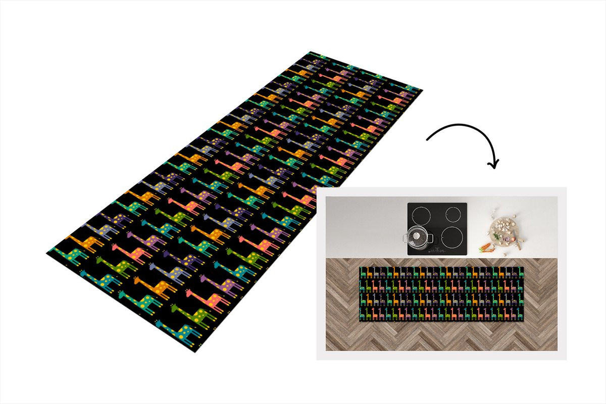 KitchenYeah Keukenloper Vinyl met Regenboog en Giraffe Patroon voor Kinderen - 180 x 60 cm