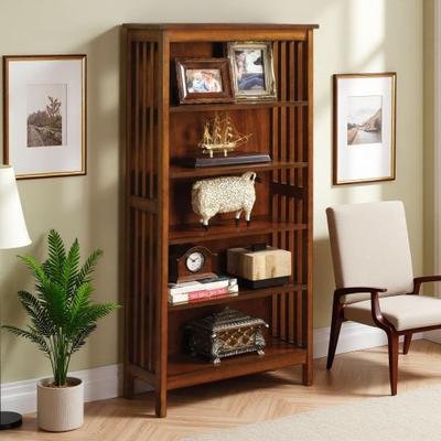 ZWYO HOSIMU "48"" Antique 5-Shelf Media Bookcase with Solid Wood Construction, Lattice Molding Details & Sturdy Storage for Books"