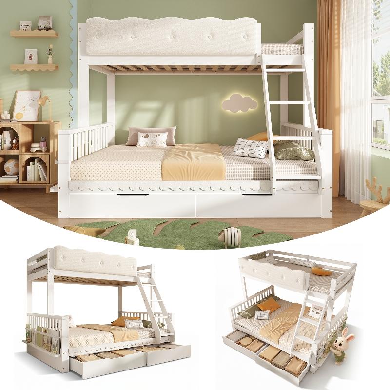 Hochbett 90x200cm für Kinder und Jugendliche, niedriges Metallbett mit Aufbewahrungsleiter und Stauraum unter dem Bett, Weiß