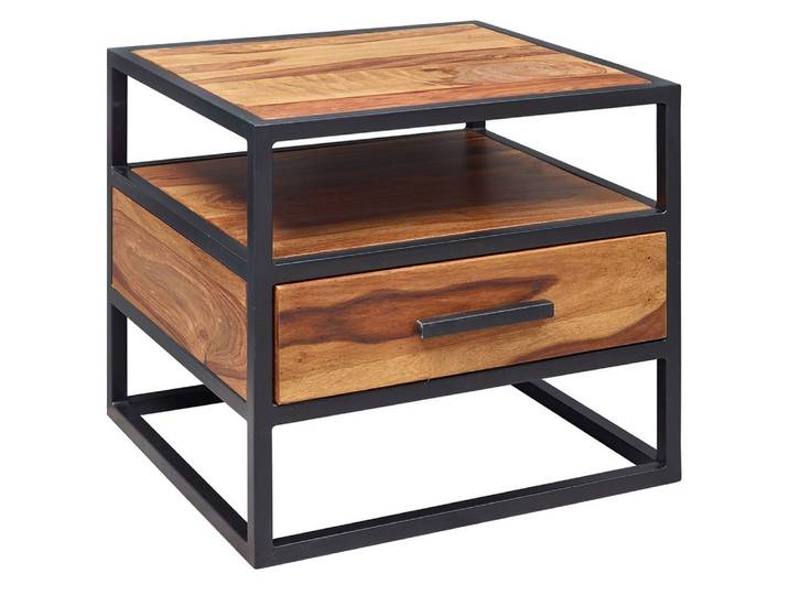 Lomadox Nachttisch, Holz Metall schwarz mit Schublade 50/45/45cm