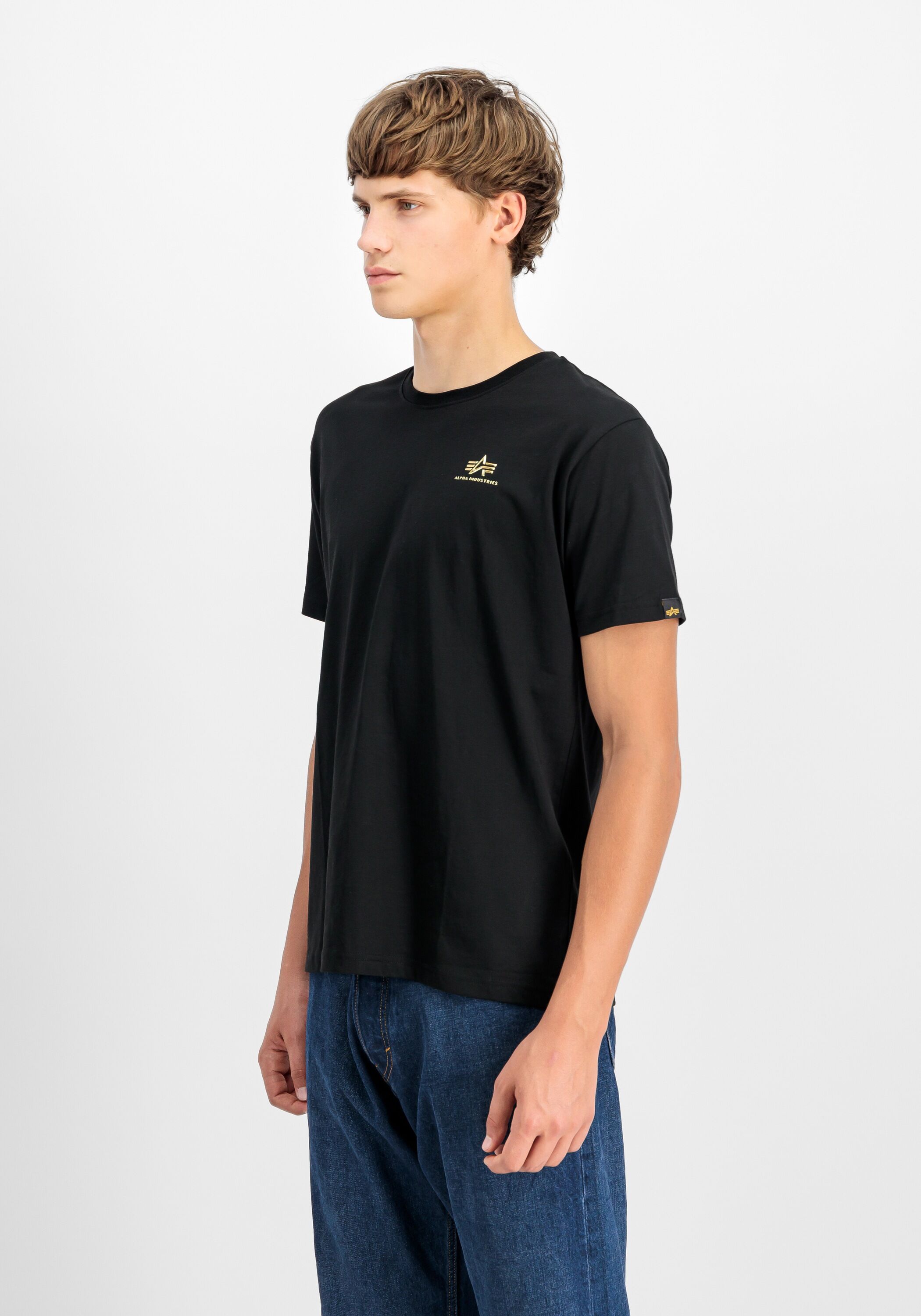 T-Shirt ALPHA INDUSTRIES "Basic T-Shirt SL TPU", Herren, Gr. XS, schwarz (schwarz, shiny gold), Obermaterial: 100% Baumwolle, Shirts T-Shirt schwarz, shiny gold XS