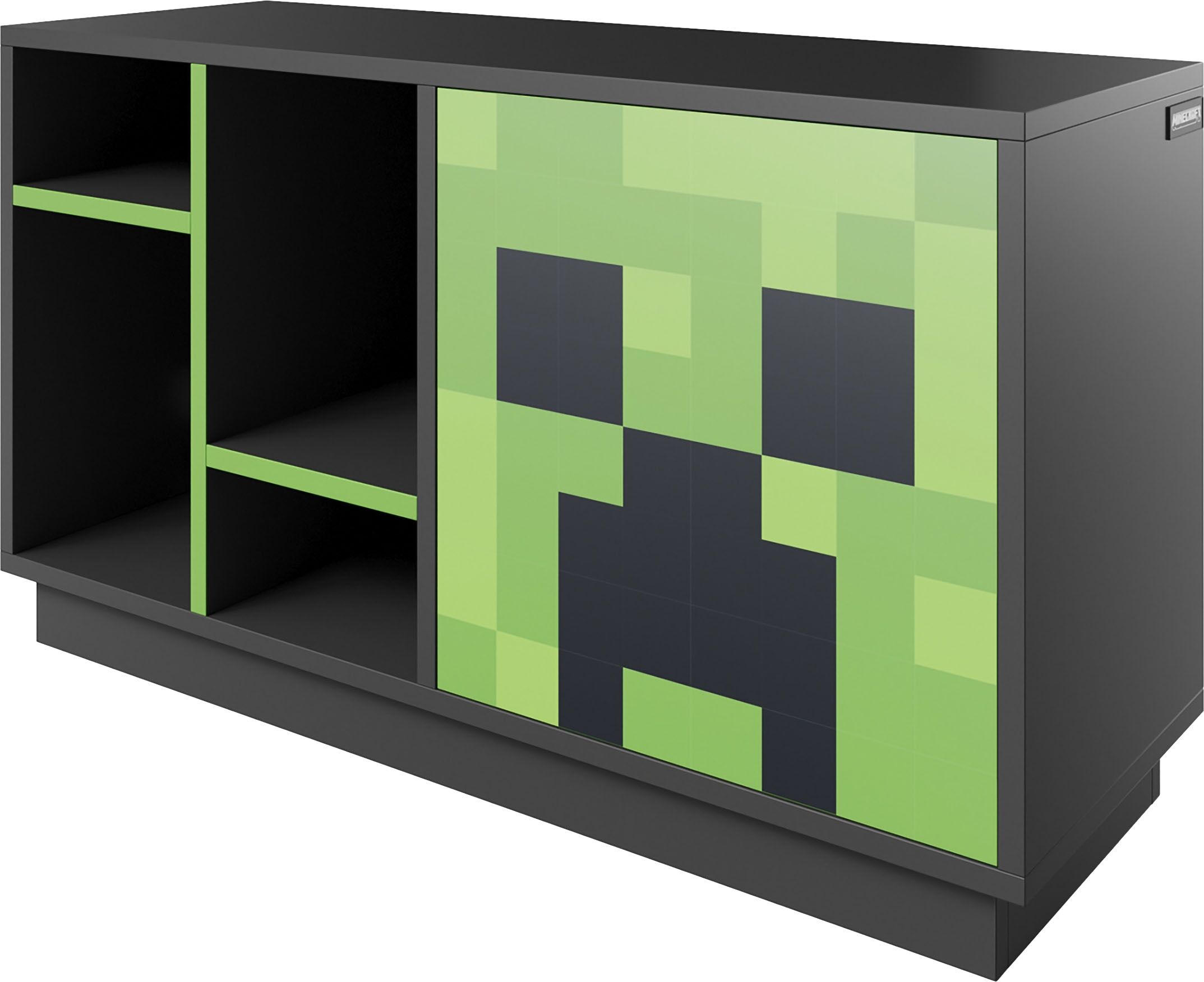 Lowboard PHOENIX "Minecraft Creeper Lowboard", grün (anthrazit, grün), B:108cm H:61cm T:37cm, Holzwerkstoff, Sideboards, Lowboard, inkl Beleuchtung anthrazit, grün B/H/T: 108cm x 61cm x 37cm, Kiefer Tanne, 1 Stk.