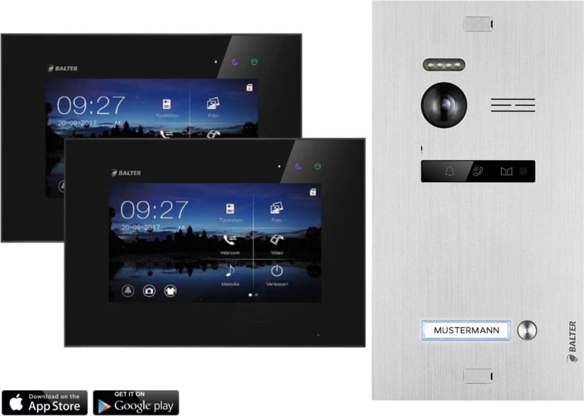 Balter EVO Video-Türsprechanlage mit App für Einfamilienhaus mit 2x 7 Zoll Monitor Silber Schwarz