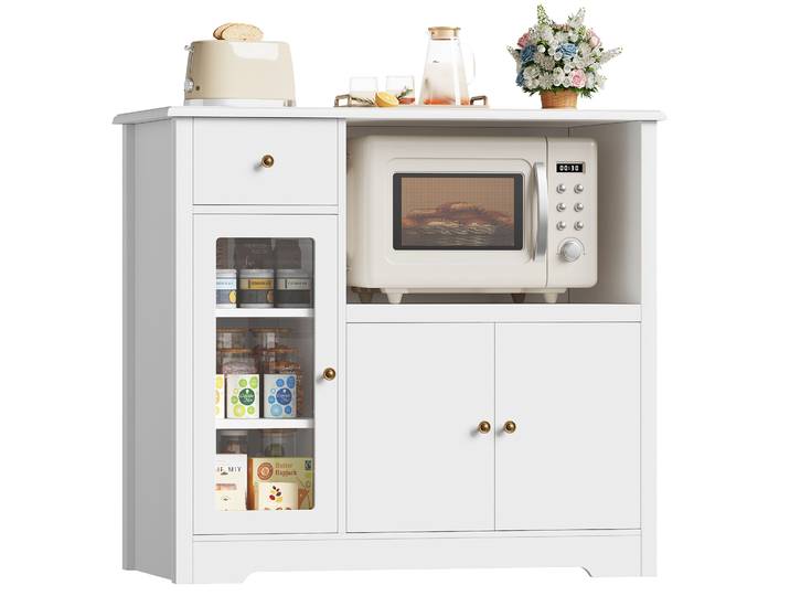 Meuble de cuisine avec plan de travail, buffet de cuisine avec étagère pour micro-ondes, meuble de buffet avec 1 tiroir, 3 portes, étagère réglable