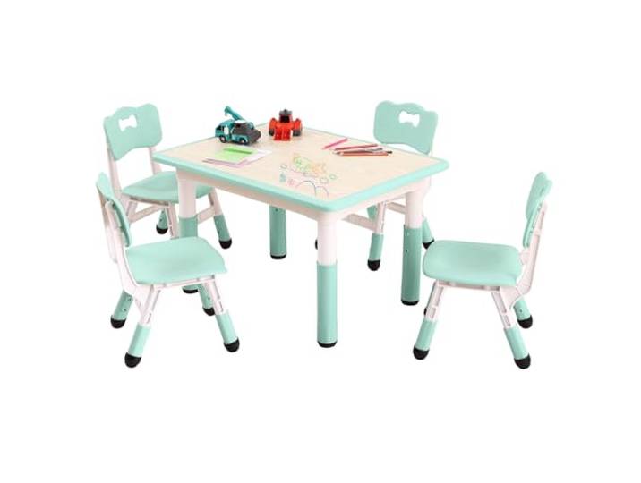 JustSmart Höhenverstellbares Kindertisch- & Stuhlset (1 Tisch + 4 Stühle) – abwischbare Graffiti-Malplatte – ergonomisch & rutschfest – für Spielen, Basteln & Lernen (2–10 Jahre) – Lake Blue