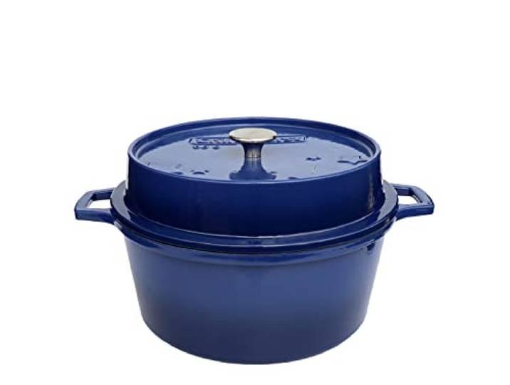 Grillfürst farbig emaillierter Dutch Oven ca. 6 Liter Fassungsvermögen - stabil stehender Gusseisentopf ohne Füße, blaue kratzfeste Emaillierung, multifunktional, ca. 19,5 x 35,6 cm, DO6