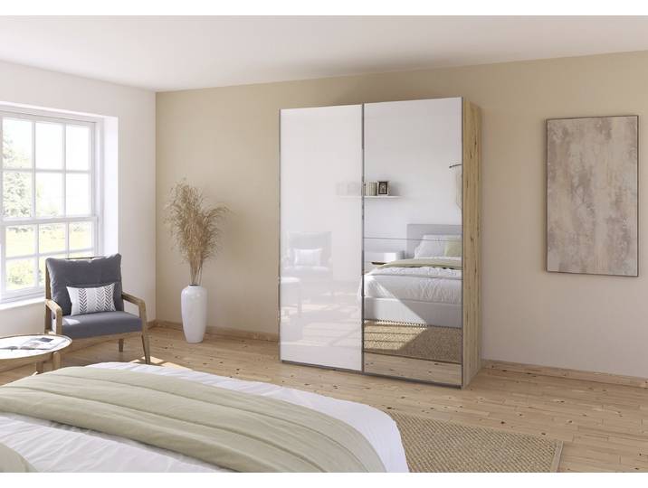 Armoire Fifty coulissante 162cm Blanc/Bois/Blanc brillant/Imitation chêne Artisan 1 miroir