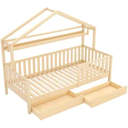 KINDERBETT HAUSBETT 90x200 massivholz in natur mit 2 schubladen