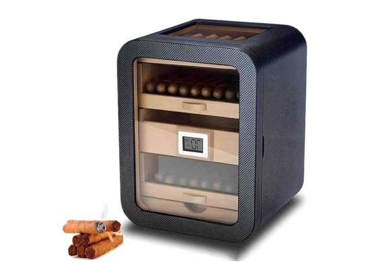 Leilaohu Intelligenter Elektrischer Zigarrenhumidor Mit Elektronischem Befeuchter Schrank Mit 110 Zigarren Fassungsvermögen Ablage Aus Zedernholz Schubladenaufbewahrung Carbon Fibre