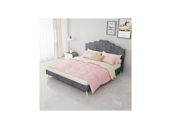 Lit Rembourré - SOGEU - 160x200 - Gris velours - Sommier à lattes - Pieds antidérapants