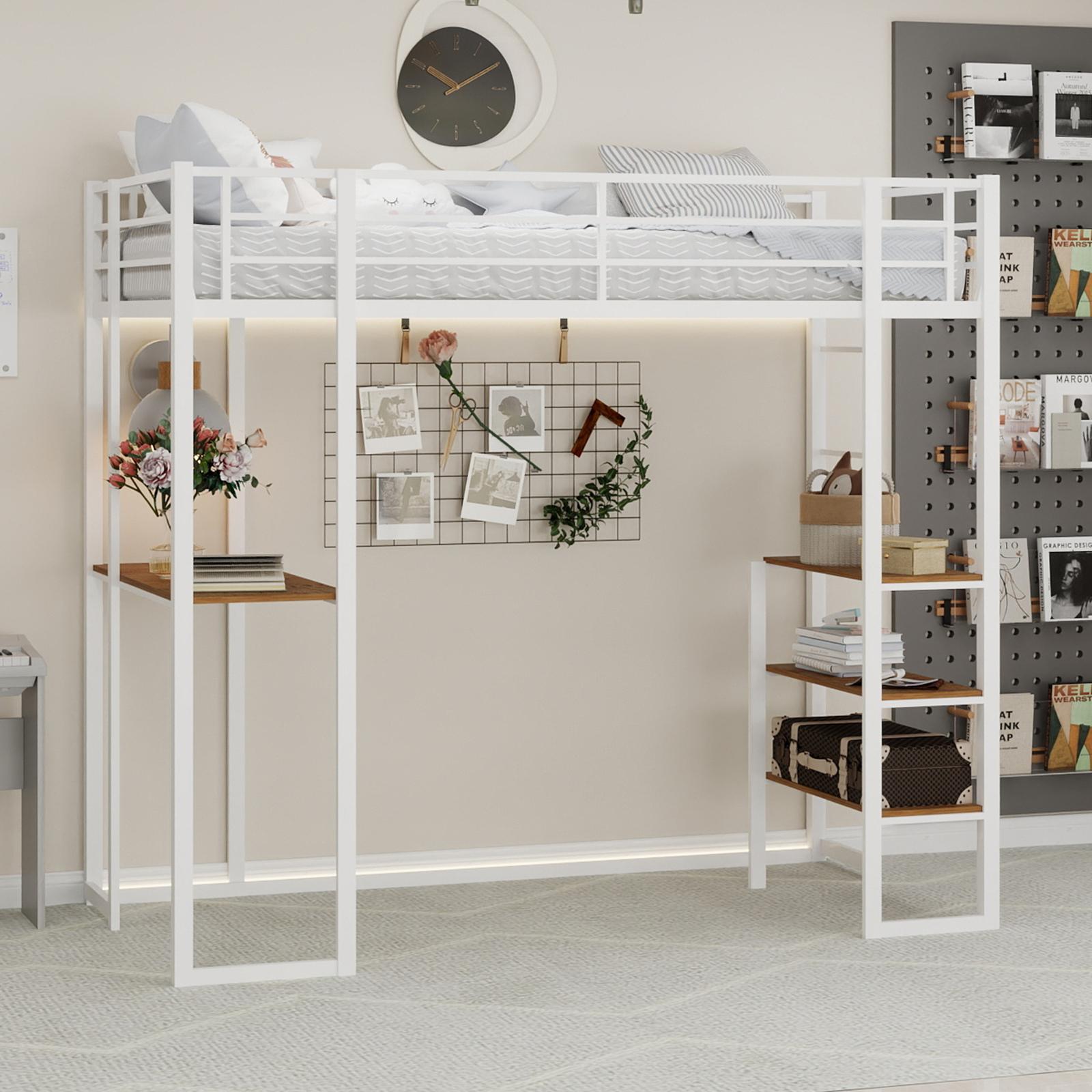 Eisenrahmenbett mit Bett und Tisch,Maße 90*190 cm, Kinder- und Jugendheimbett mit L-förmigem Schreibtisch, Eisenrahmenbett mit Geländer und Treppe