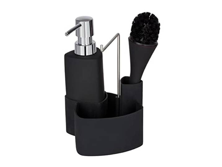 WENKO Kit Vaisselle Empire\, 4 en 1 - Distributeur de Liquide Vaisselle\, Brosse\, Support à torchon & Organiseur\, céramique Haut de Gamme avec Surface Douce\, contenance 250ml\, 11 x 19 x 12\,5 cm\, Noir