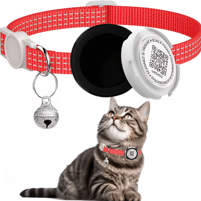 Inspire Curations Reflective AirTag Cat Collar With QR ID Tag Dual Protection GPS Cat Collar For Safer Adventures red no Airtag Locator