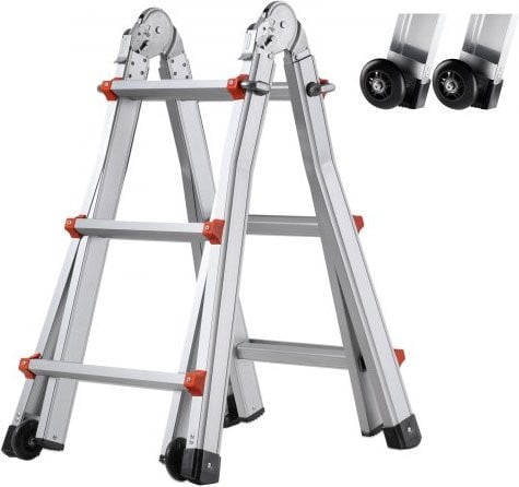 Vevor A-frame telescopische aluminium ladder, zilver, 335 cm, draagvermogen 150 kg