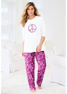 Plus Size Women's Long Sleeve Knit PJ Set by Dreams & Co. in Raspberry Peace Sign (Size 26/28) Pajamas
