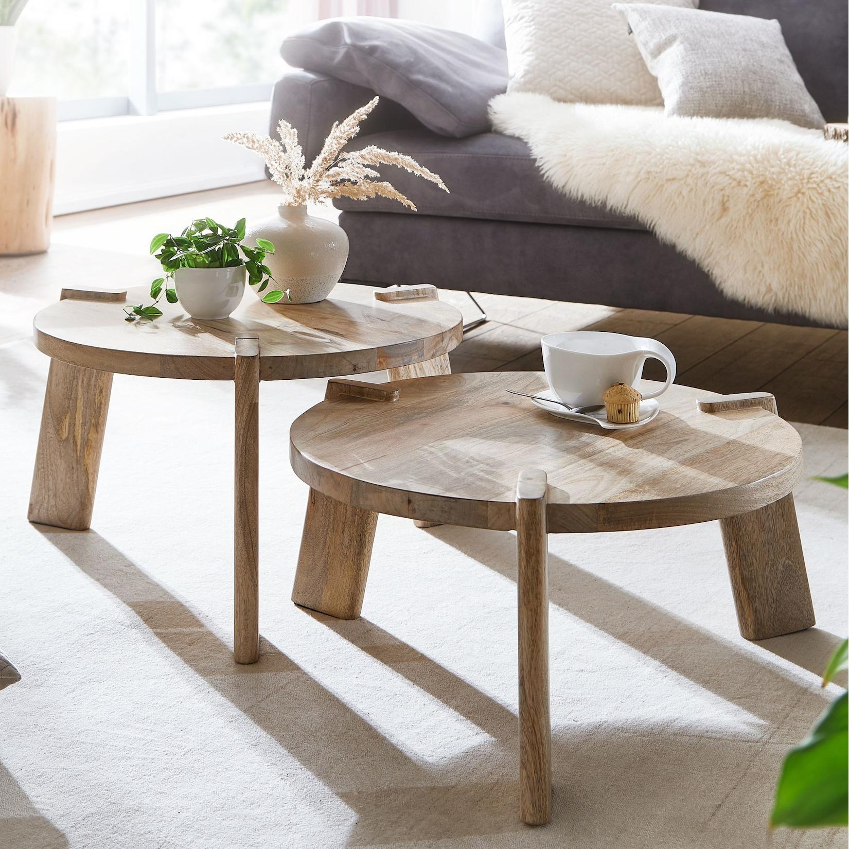 Couchtisch Set 2er Massivholz rund Wohnzimmertisch Beistelltisch Satztische