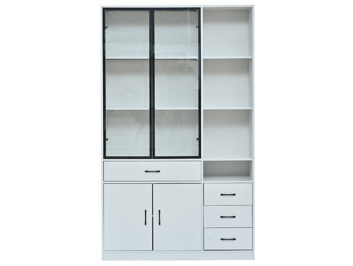 Armoire Haute Avec Vitrine En Verre Et Éclairage Led\, 120x35x200 Cm\, Blanc\, 13 Espaces De Rangement