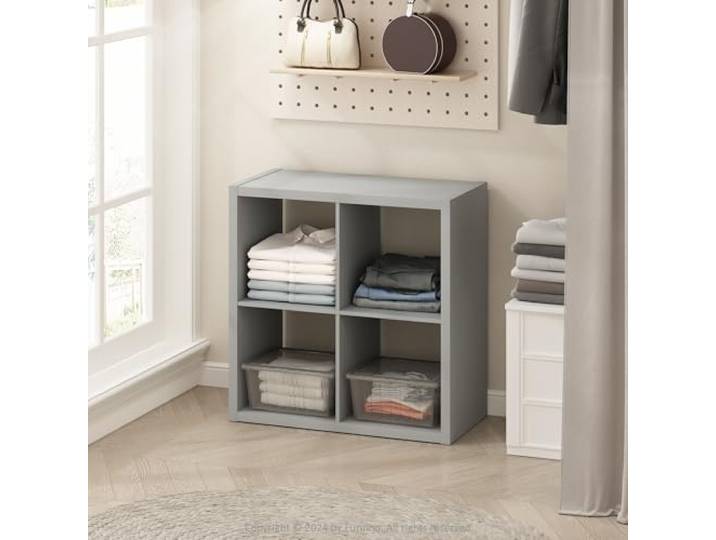 Furinno Cubic Offenes Rückwand-Multifunktionsregal für Kleidung & Schrankaufbewahrung, 4-Fächer, Hellgrau