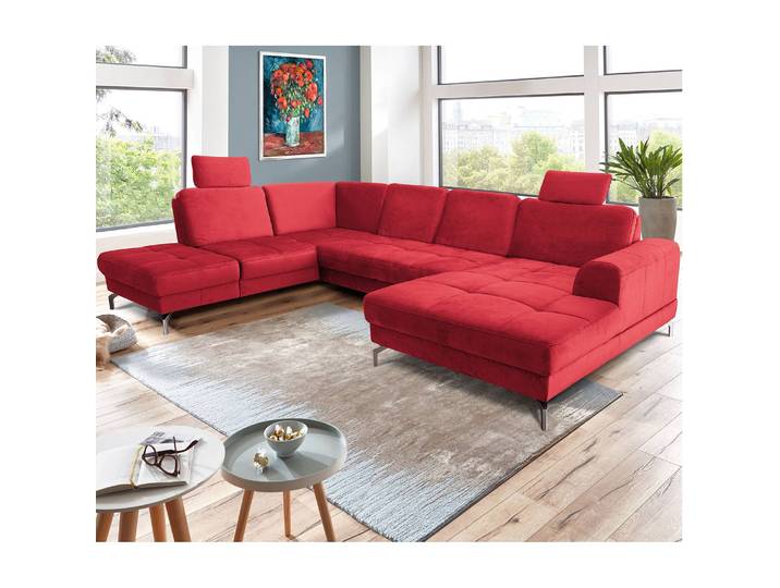 Wohnlandschaft Lascaux Rot Samt Ravi 332 x 87 x 227cm Longchair davorstehend rechts / Ottomane links Modern