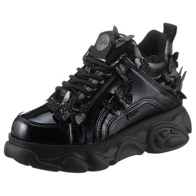 Plateausneaker BUFFALO "CORIN BUTTERFLIES", Damen, Gr. 37, schwarz, Lacklederimitat, glänzend, Schuhe Plateausneaker, Freizeitschuh, Halbschuh, Schnürschuh, Streetwear, vegan