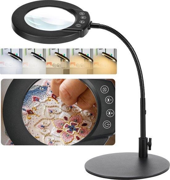 Unyqoos LED-tafellamp met 10x vergrotingsglas, dimbaar, 5 kleurtemperaturen en USB-aansluiting
