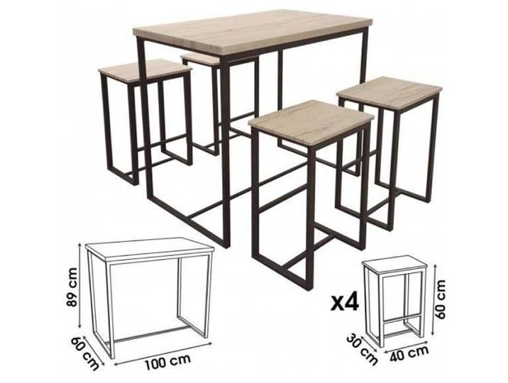 Table de Bar + 4 Tabourets de Bar en Bois et Métal Noir