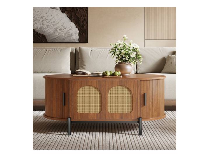 Celya Couchtisch mit Rattan Holzoptik Schiebetüren und Stauraum (ovale Tischplatte, mit Metallbeinen), multifunktionaler Wohnzimmertisch