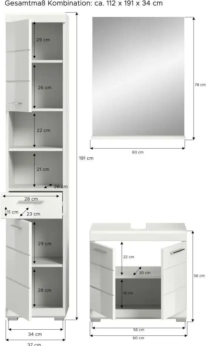 Höffner Badmöbel-Set SCHLOONSEE  3 teilig  bestehend aus: Hochschrank