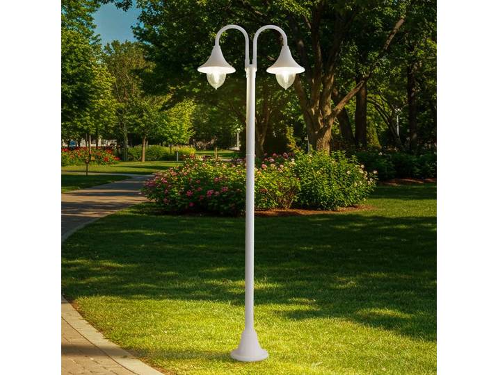 Lindby Außenleuchte Madea, weiß, 2-flg., 213 cm, E27, IP44 Madea Lindby, dimmbar, weiß / opal, Aluminium, Modern, Laternenform