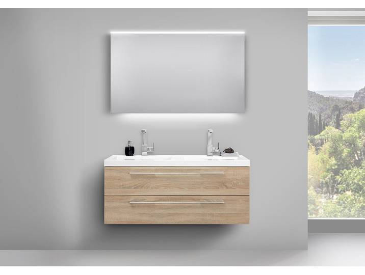 Design Badezimmer Set mit LED Lichtspiegel und Doppelwaschtisch Evermite