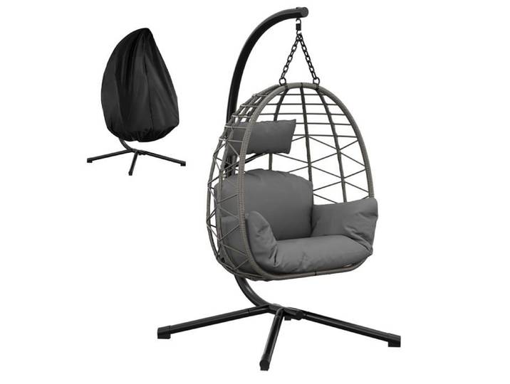 Fauteuil suspendu en rotin - LUNSY - Forme d'œuf - Structure métallique intégrée - Supporte jusqu'à 150 kg