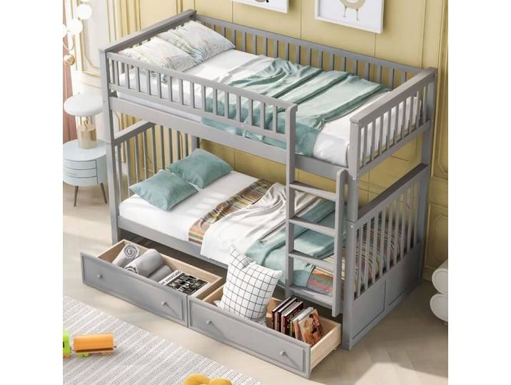 Lit superposé 90x200cm lit enfant avec tiroirs et échelle cadre en pin gris