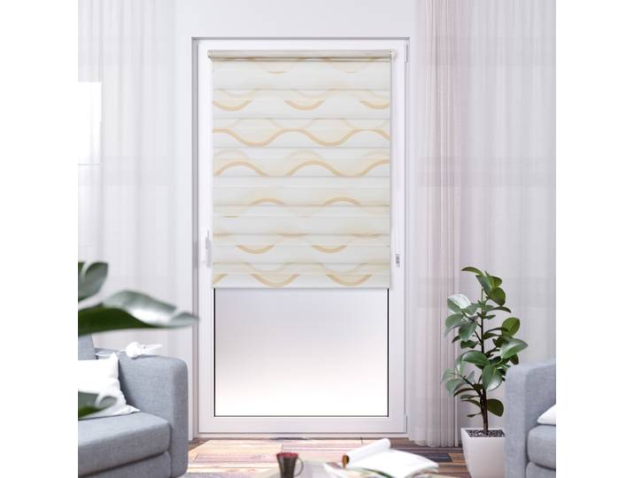 Doppelrollo K-HOME Wellen Design , beige, weiß, weiß, B:40cm H:150cm, Polyester, Rollos, Doppelrollo, Bedruckt mit Muster