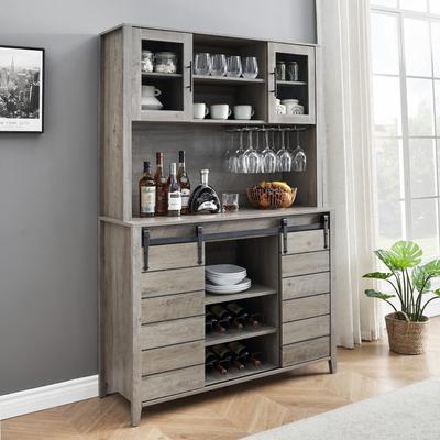 Garvee "70"" Farmhouse Coffee Bar Wine Cabinet with Sliding Barn Doors and Storage, Tall Kitchen Hutch - 47.2x15.7x69.6in"