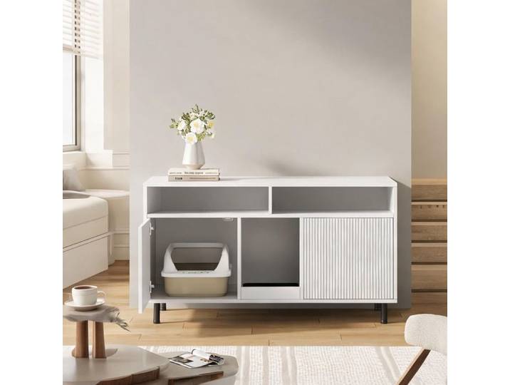 Meuble TV cache-litière blanc 120x50x66 cm en MDF tapis anti-litière inclus range-accessoires pour chat