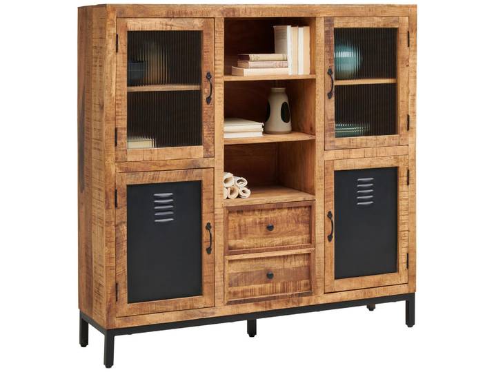 Landscape Highboard, Naturfarben, Schwarz, Metall, Mangoholz,Mangoholz,Mangoholz,Mangoholz, massiv,massiv,massiv,massiv, Holz, 6 Fächer, 2 Schublade(n) Schubladen, 145x145x40 cm, Typenauswahl, stehend, Wohnzimmer, Wohnwand, Wohnwand- Serien