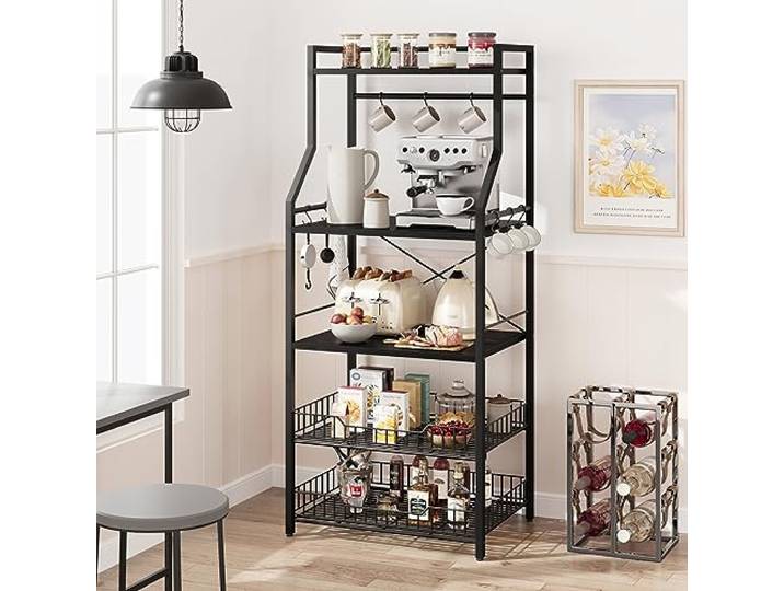 LuxFocus Küchenregal 5 Ebenen mit Mikrowellenhalter Holzplatten Körben Stabiles Metallregal mit 2 Holzplatten, Drahtkörben und Haken für Küche, Kaffeebar und Haushaltsgeräte, Schwarz