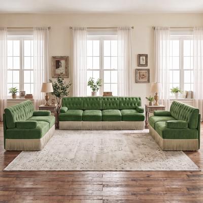 GDFStudio - Chesterfield 3-Piece Velvet Upholstered Sofa Set with Button Tuft & Tassel Skirt
