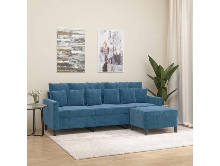 Canapé 3 places avec repose-pieds - - Velours - Bleu - 198x77x80 cm - Repose-pied inclus - Structure robuste