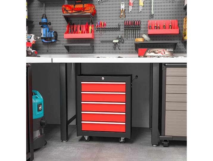HOMCOM Armoire à Outils Mobile 5 Tiroirs Acier Noir Rouge