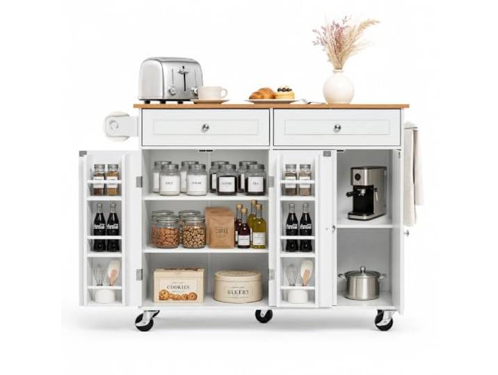 VEVOR Kücheninselwagen mit 2 Schubladen + 4 Türen Mobile Kücheninsel Weiß Küchenwagen mit Gewürzhalter, Ausklappbarer Arbeitsplatte (1060 x 400 x 15 mm) + Verstellbaren Regalböden fürs Esszimmer