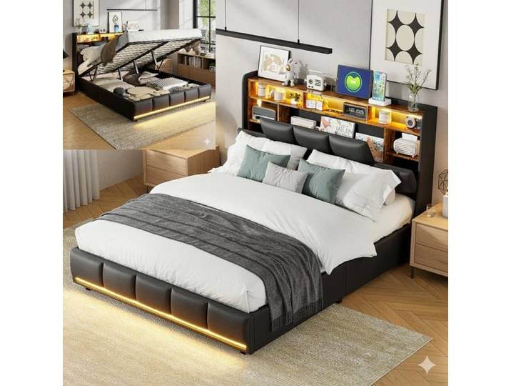 Lit 140x200cm - DREAMMESPACE - Cadre de lit avec coffre - LED - Chargeur USB - Cuir noir