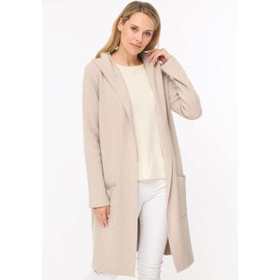 Cardigan ZWILLINGSHERZ "Janina", Damen, Gr. S/M, beige (hellbeige), Obermaterial: 50% Viskose, 27% Polyester, 23% Nylon, knielang, V-Ausschnitt, Strickjacken, Kapuze, Taschen, Langarm, knielang, ohne Verschluss