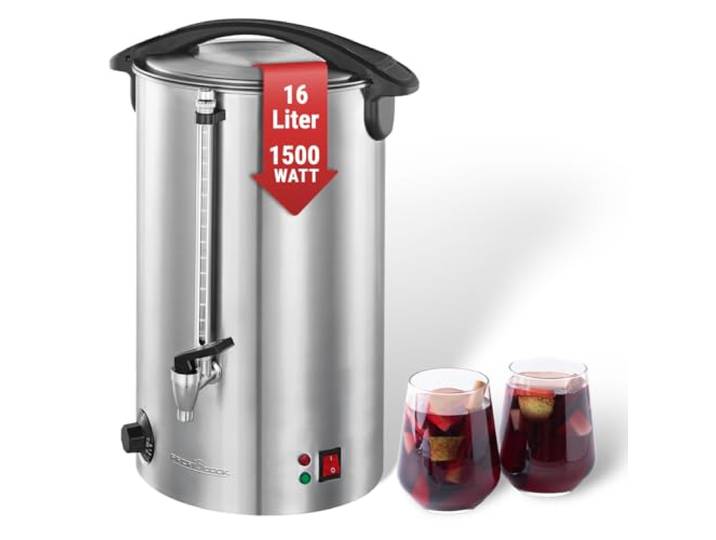 PROFI COOK PC-HGA1111 - Distributeur de boissons chaudes et/ou vin chaud - Capacité 16 litres - 1500 Watts - Contrôle électronique de la Température - Couleur Argent