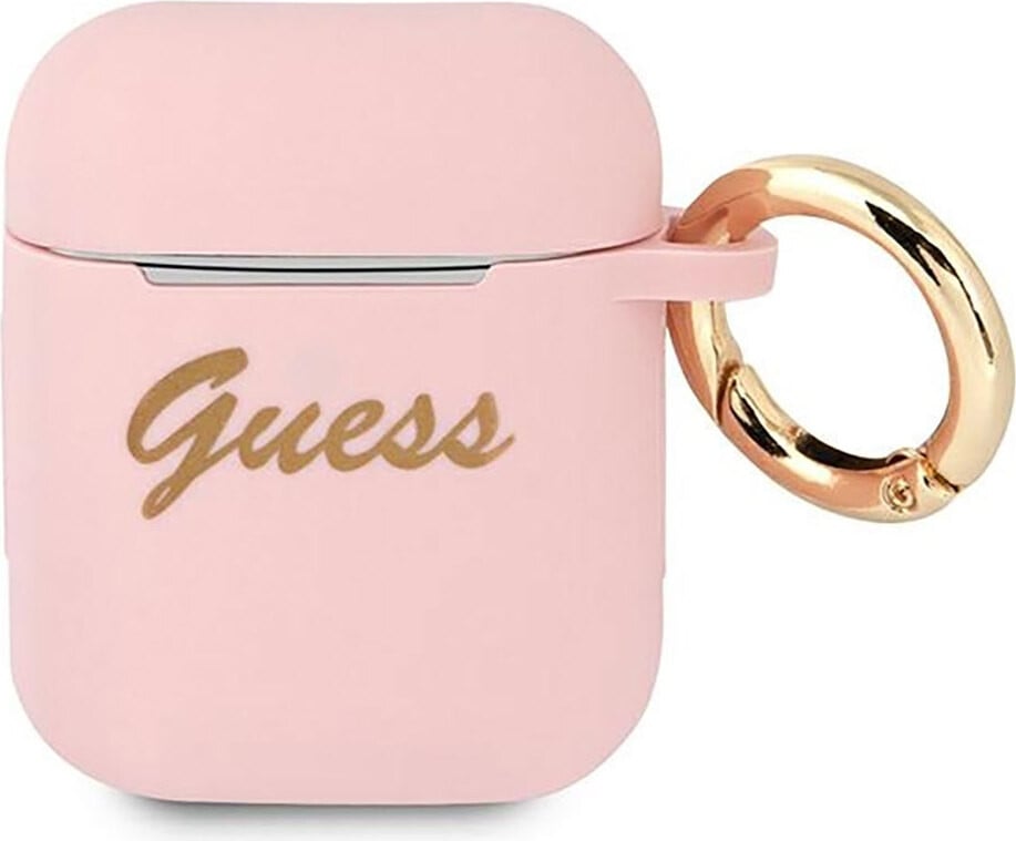 Guess AirPods hoesje in roze siliconen met vintage lettertype