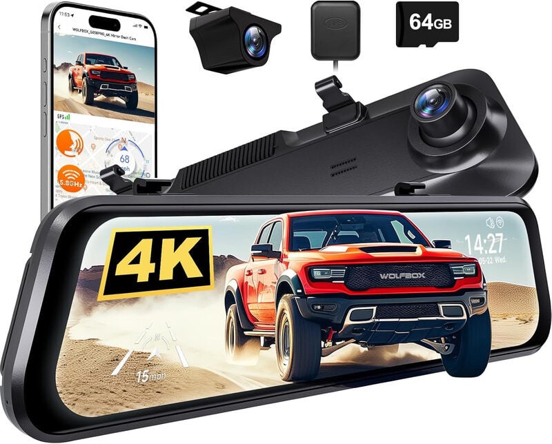 WOLFBOX G850 PRO 4K spiegel-dashcam met ADAS, BSD, 12-inch scherm, 5,8 GHz wifi, spraakbesturing, GPS, G-sensor en 64 GB SD-kaart