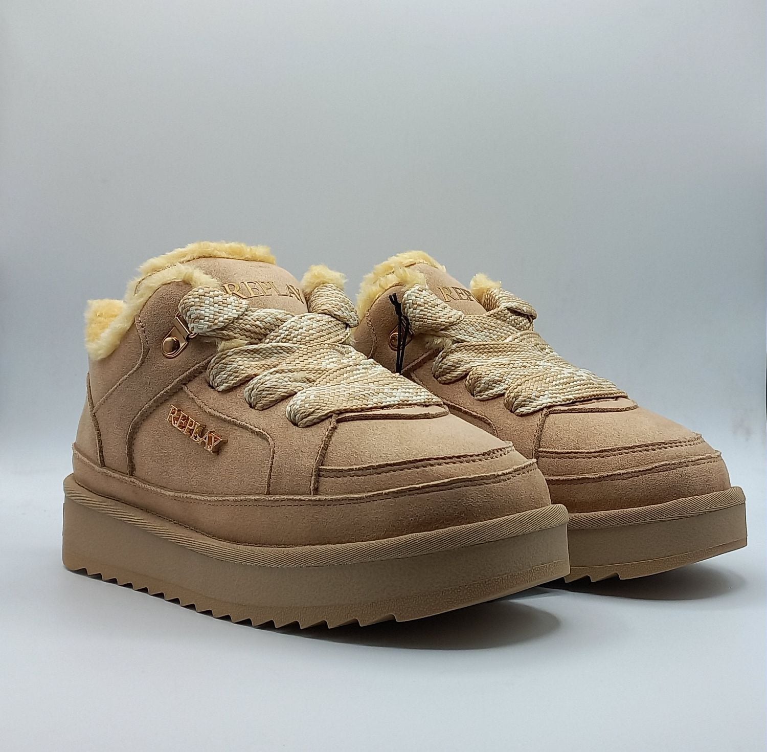 Schnürschuh REPLAY "SANTA RUN", Damen, Gr. 39, beige, Polyamid, Veloursleder, unifarben mit Farbeinsatz, Schuhe Schnürschuh, Sneaker, Plateauschuh mit seitlichem Label beige 39